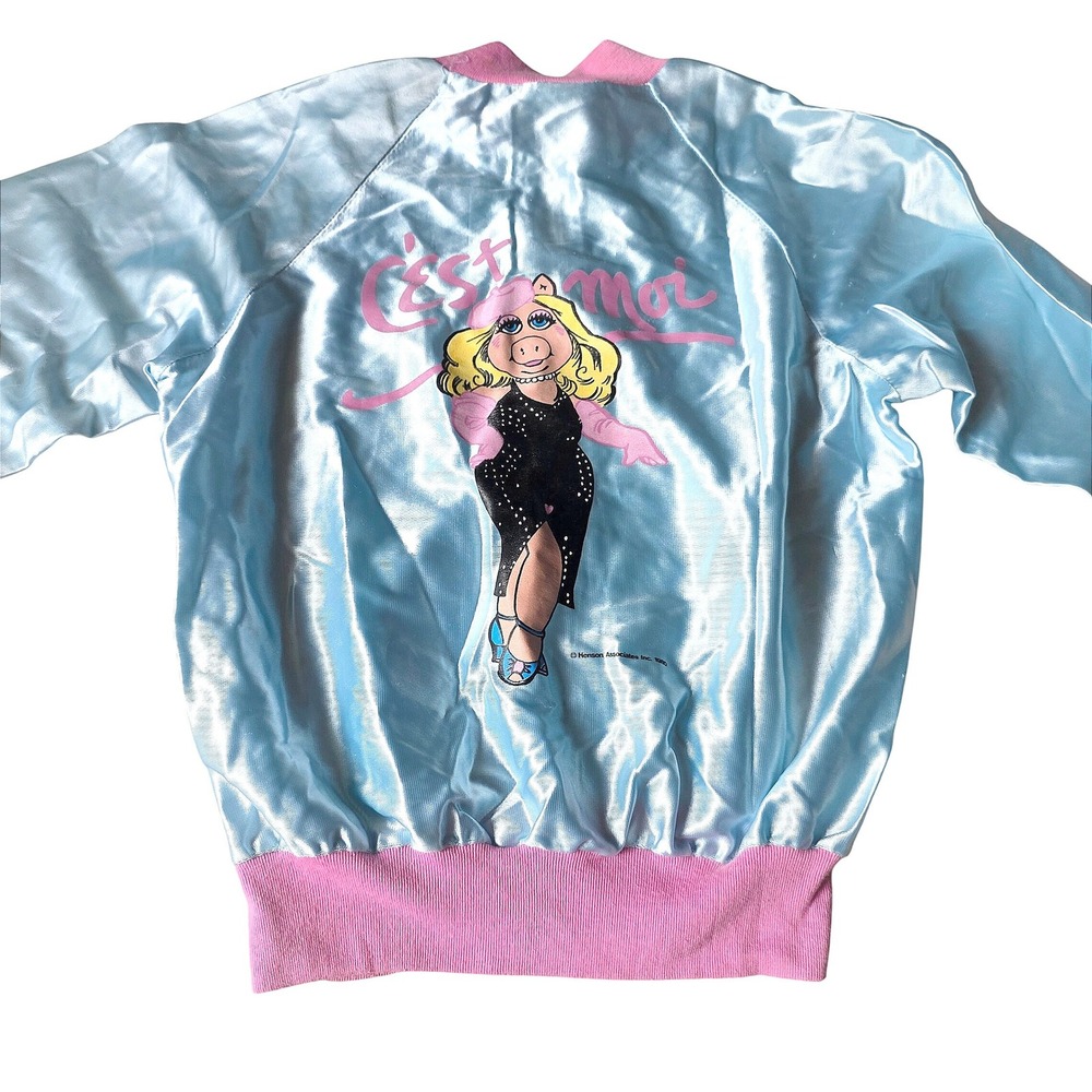 Vintage 1980s Miss Piggy Muppets Satin Bomber Jacket Blue Pink Kids Medium 10-12
